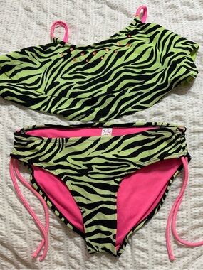 Justice Neon Green Zebra Print Bikini with Hot Pink Accents